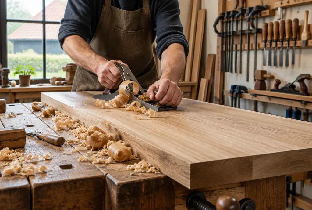 Een meubelmaker schaaft een eikenhouten tafelblad in zijn werkplaats.