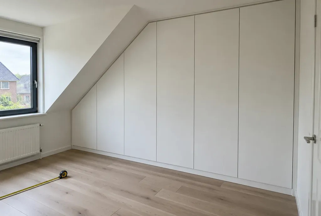 Een witte inbouwkast op maat onder een schuin dak op zolder.