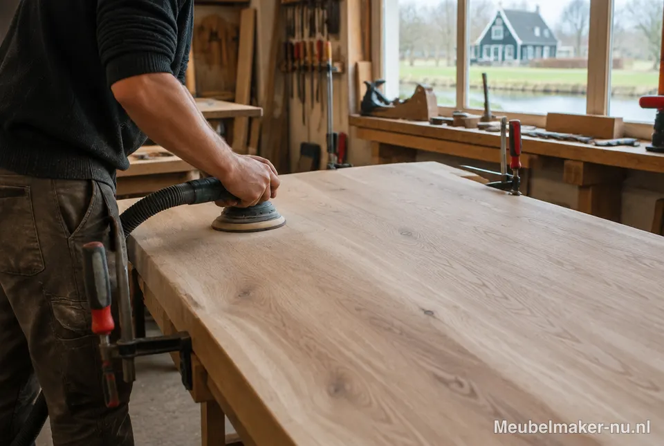 Meubelmaker werkt aan een houten tafel